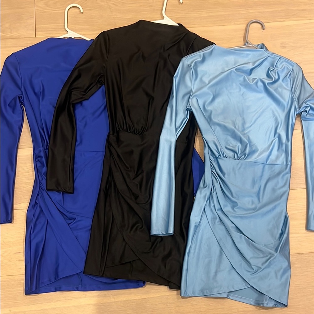 Elegant Long Sleeve Dresses in Blue, Black, and Light Blue- small
